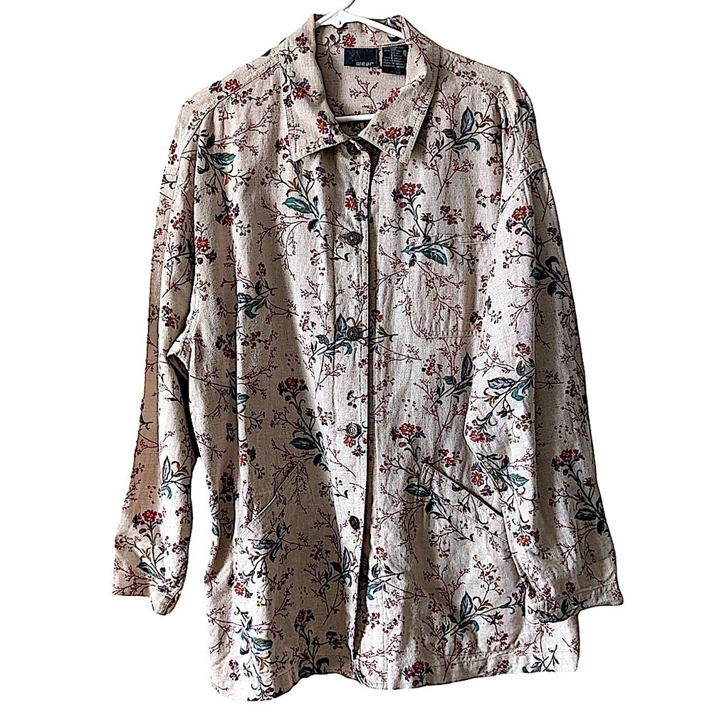 LIZ Wear Print Linen Cotton Chore Coat Barn Jacket Vintage Size Large